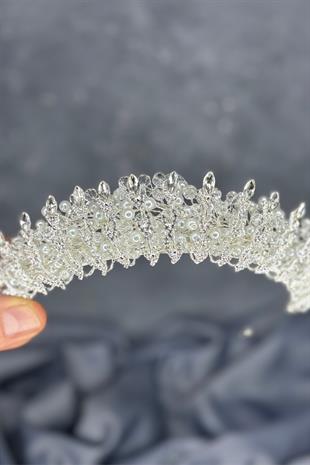 Şeffaf  Kristal Boncuk İşlemeli Buğlem Gelin Tacı