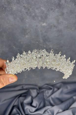 Şeffaf  Kristal Boncuk İşlemeli Buğlem Gelin Tacı