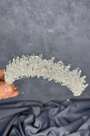 Şeffaf  Kristal Boncuk İşlemeli Buğlem Gelin Tacı
