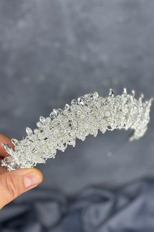 Şeffaf  Kristal Boncuk İşlemeli Buğlem Gelin Tacı