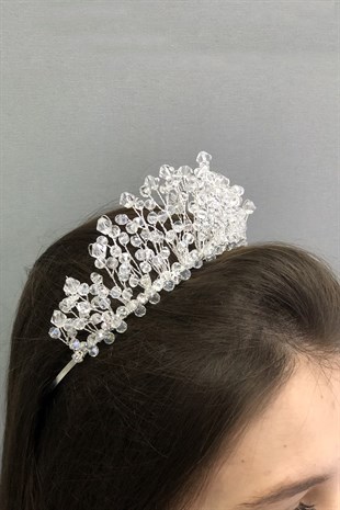 Şeffaf Kristal Boncuklu Prenses Model Gelin Tacı