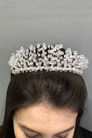 Şeffaf Kristal Boncuklu Prenses Model Gelin Tacı