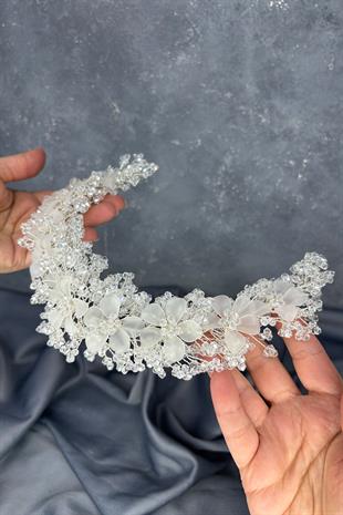 Şeffaf  Nileda Kristal Boncuklu Gelin Kına Tacı Saç Aksesuarı