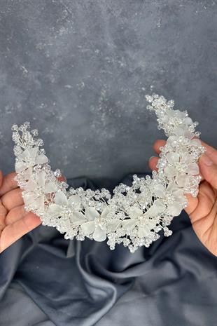 Şeffaf  Nileda Kristal Boncuklu Gelin Kına Tacı Saç Aksesuarı