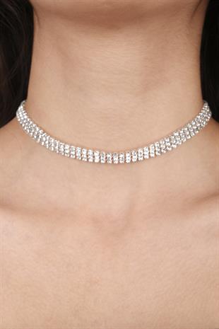 Şık 3 Sıra Kristal Taşlı Abiye Kolye Ve Lale Gelin Tacı