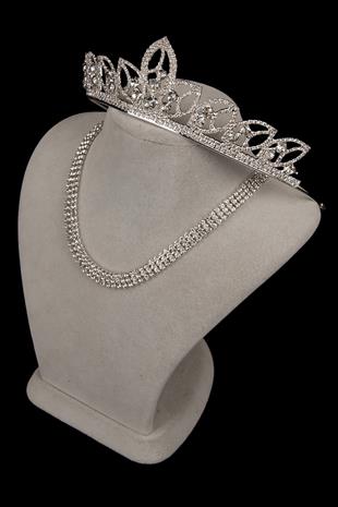 Şık 3 Sıra Kristal Taşlı Abiye Kolye Ve Yaprak Gelin Tacı