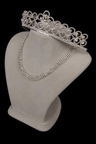 Stylish 3 Row Crystal Stone Evening Necklace and Flower Bridal Crown