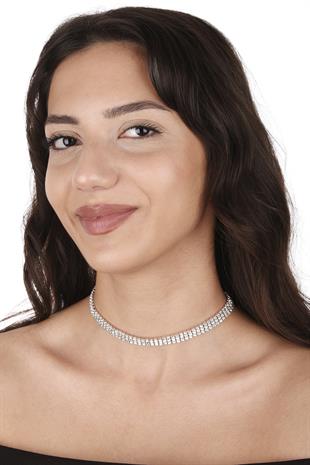 Şık 3 Sıra Kristal Taşlı Abiye Kolye Ve İnce Yaprak Gelin Tacı