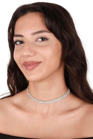 Şık 3 Sıra Kristal Taşlı Abiye Kolye Ve Çiçek Gelin Tacı