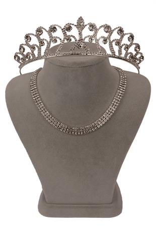 Şık 3 Sıra Kristal Taşlı Abiye Kolye Ve İnce Yaprak Gelin Tacı