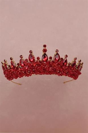 Şık Kristal Taşlı Zarif Gelin Düğün Kına Tacı Gold Bordo