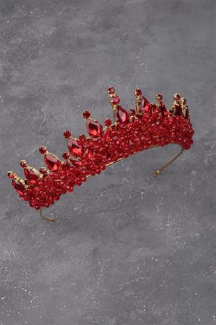 Şık Kristal Taşlı Zarif Gelin Düğün Kına Tacı Gold Bordo