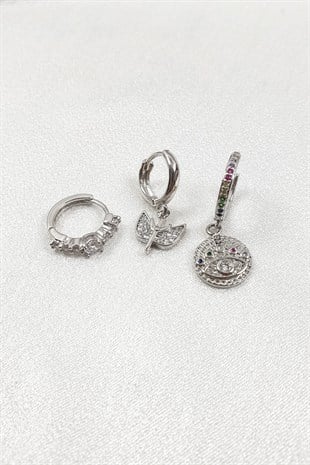 Silver Renk Kelebek ve Göz Desenli Küpe