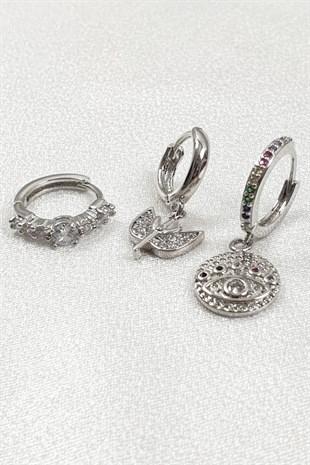 Silver Renk Kelebek ve Göz Desenli Küpe