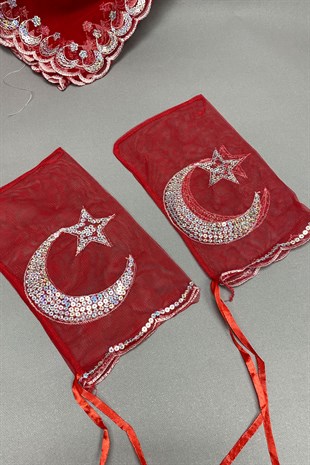 Simli Gelin Duvağı ve Ay Yıldızlı Damat Örtüsü Takı Kurdele Seti