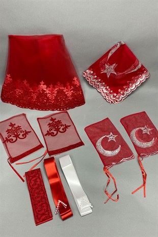 Simli Gelin Duvağı ve Ay Yıldızlı Damat Örtüsü Takı Kurdele Seti