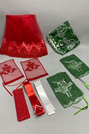 Simli Gelin Duvağı ve Yeşil Damat Örtüsü Takı Kurdele Seti