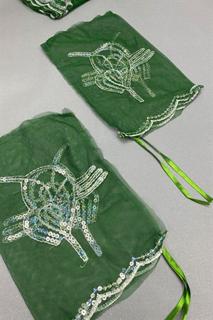 Simli Gelin Duvağı ve Yeşil Damat Örtüsü Takı Kurdele Seti