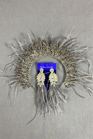 Sirius Crystal Beaded Feathered Bridal Henna Crown and Earrings