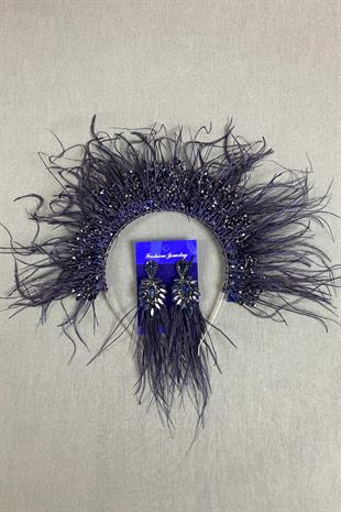 Sirius Crystal Beaded Feathered Bridal Henna Crown and Earrings
