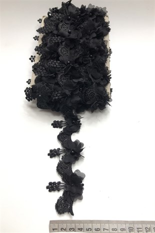 Siyah 3 Boyutlu İnci Çiçekli Şerit