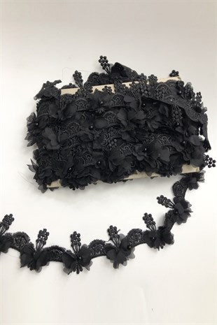 Siyah 3 Boyutlu İnci Çiçekli Şerit