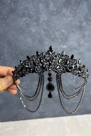Siyah Ada Alınlık Sallantılı Gelin Kına Tacı 