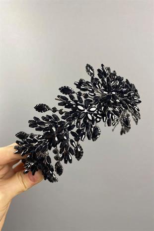 Siyah Arden Kristal Boncuklu Saç Bandı ve Gelin Kına Tacı