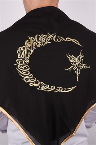 Siyah Ay Yıldız Gold Nakışlı Biyeli Damat Örtüsü
