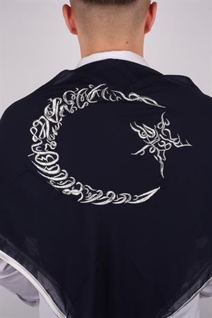 Siyah Ay Yıldız Gümüş Nakışlı Biyeli Damat Örtüsü