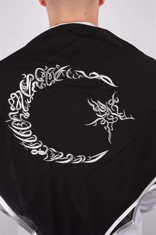 Siyah Ay Yıldız Gümüş Nakışlı Biyeli Damat Örtüsü