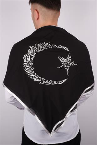 Siyah Ay Yıldız Gümüş Nakışlı Biyeli Damat Örtüsü