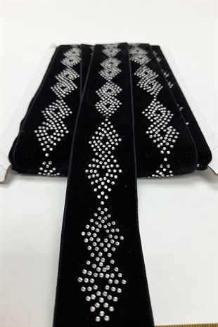 Siyah Baklava Desen Taşlı Kadife Şerit