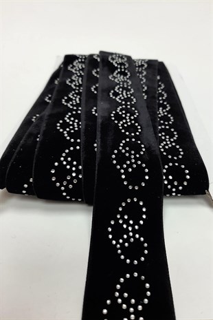 Siyah Baklava Desen Taşlı Kadife Şerit