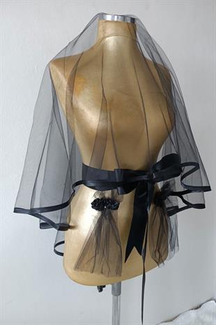 Siyah Biyeli Zarif Sade Tasarım Gelin Kına Yüz Örtüsü