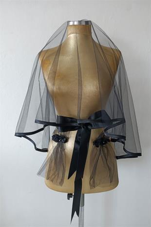 Siyah Biyeli Zarif Sade Tasarım Gelin Kına Yüz Örtüsü