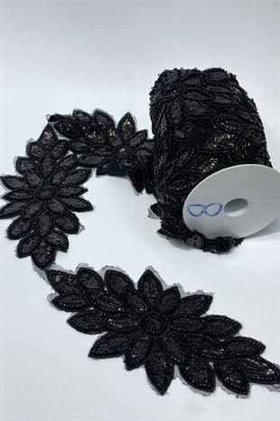 Siyah Boncuk İşlemeli Çiçek Desen Baklava Geniş Şerit Aplik 1 Metre