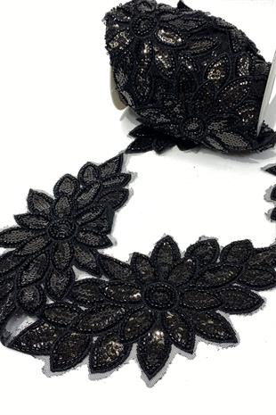 Siyah Boncuk İşlemeli Çiçek Desen Baklava Geniş Şerit Aplik 1 Metre