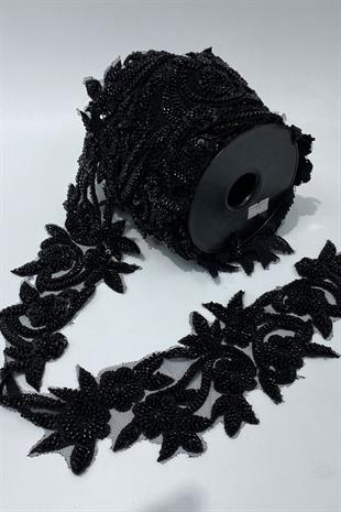 Siyah Boncuk İşlemeli Çiçek Desen Geniş Şerit Aplik 1 Metre