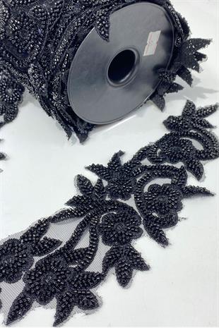 Siyah Boncuk İşlemeli Çiçek Desen Geniş Şerit Aplik 1 Metre