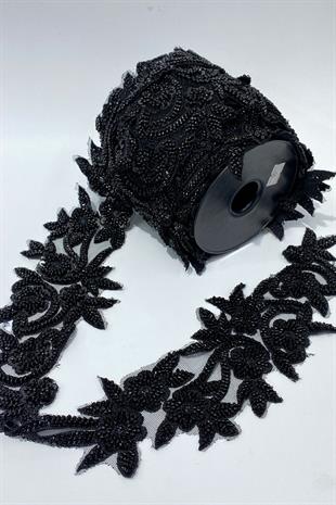 Siyah Boncuk İşlemeli Çiçek Desen Geniş Şerit Aplik 1 Metre