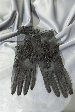 Siyah Boncuk İşlemeli Eldiven