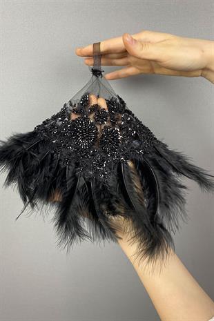 Black Bead Embroidered Vip Hairy Design Bridal Halay Handkerchief 1 Piece
