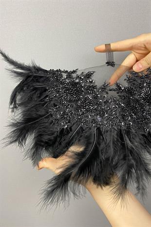 Black Bead Embroidered Vip Hairy Design Bridal Halay Handkerchief 1 Piece