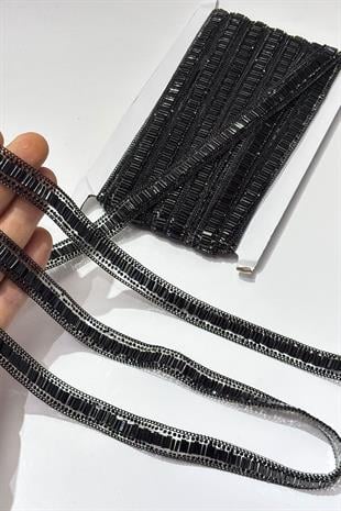 Siyah Boru Boncuklu Ütüyle Yapışan Şerit Taş