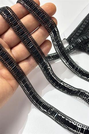 Siyah Boru Boncuklu Ütüyle Yapışan Şerit Taş