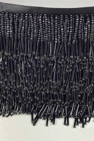 Siyah Boru Ve Kum Boncuk İşlemeli Saçak Şerit