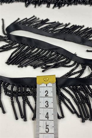 Siyah Boru Ve Kum Boncuk İşlemeli Saçak Şerit