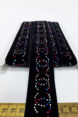 Siyah Chanel Renkli Kadife Taşlı Şerit