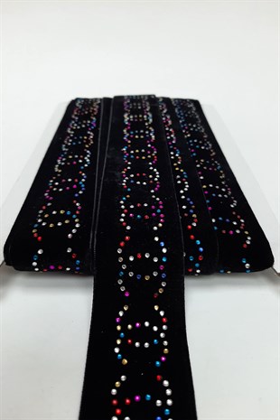 Siyah Chanel Renkli Kadife Taşlı Şerit